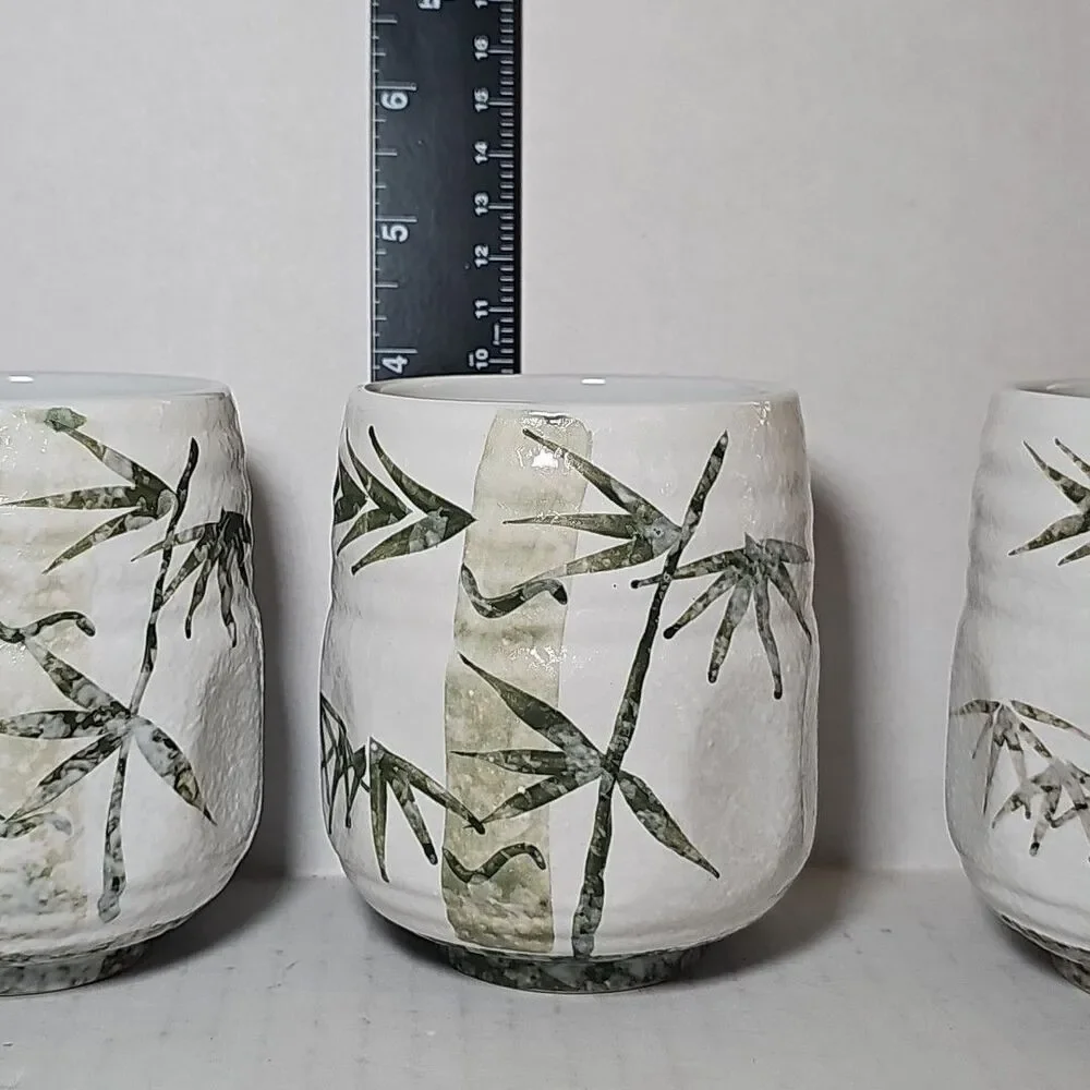 Set Of 4 Japanese Stoneware Handleless Tea Cup Yunomi Green Bamboo